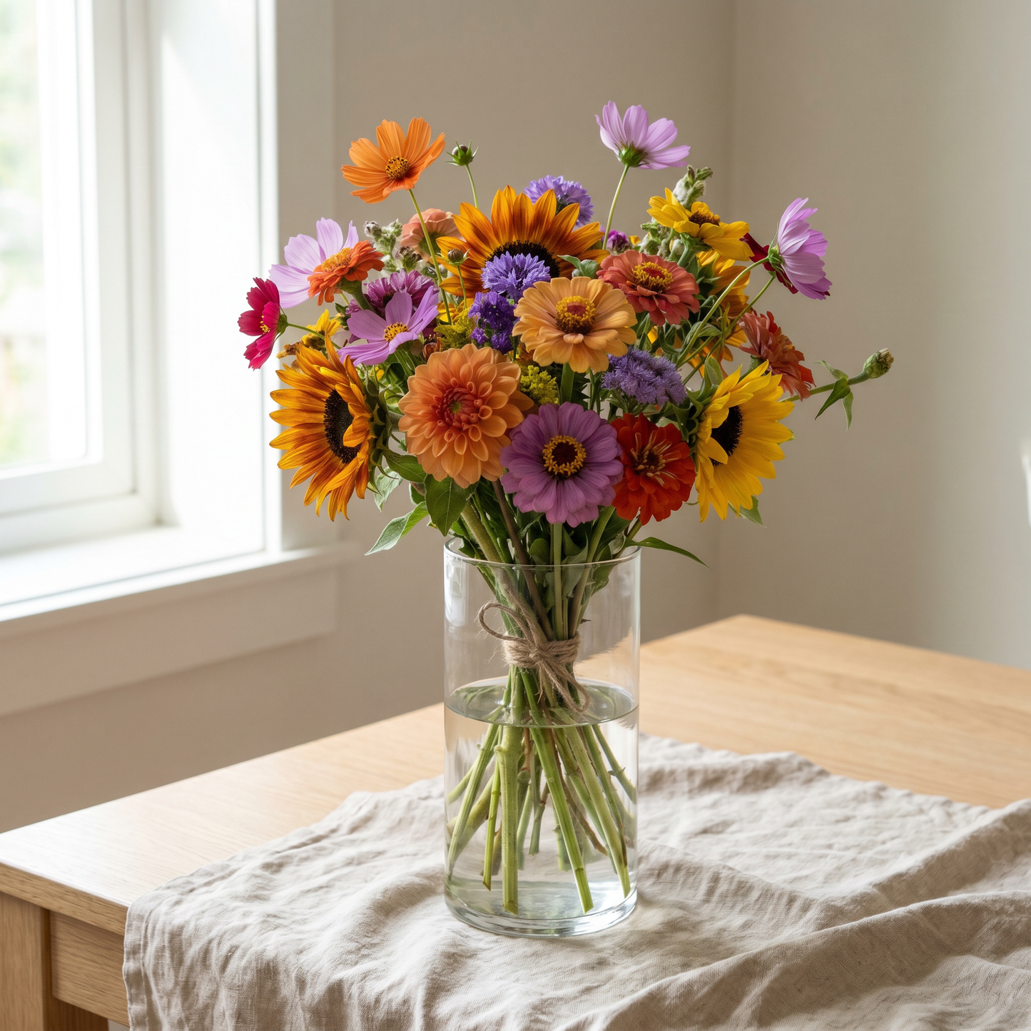 Bouquet d'anniversaire multicolore et festif dans un vase en verre