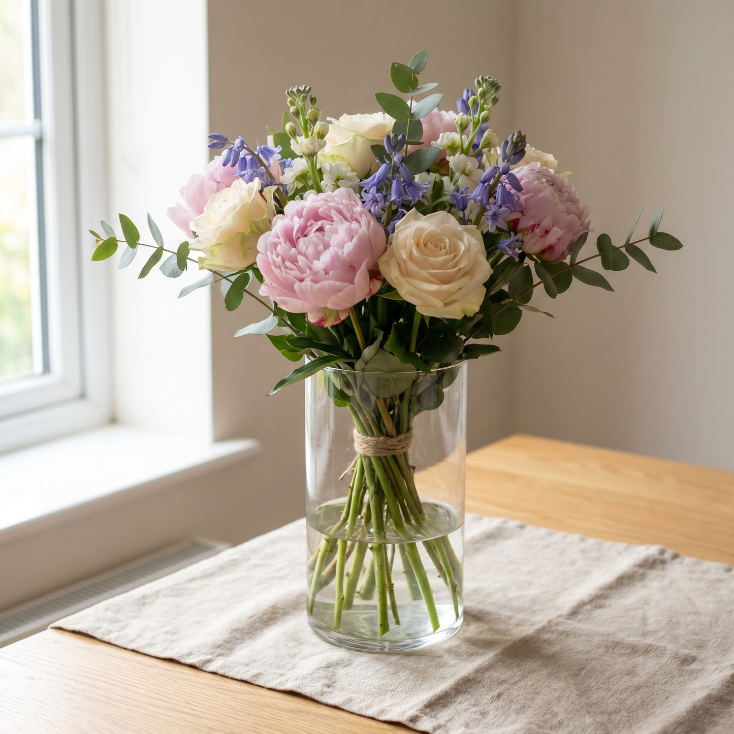 Bouquet Fête des Mères, pivoine rose, roses et delphinium dans un vase en verre