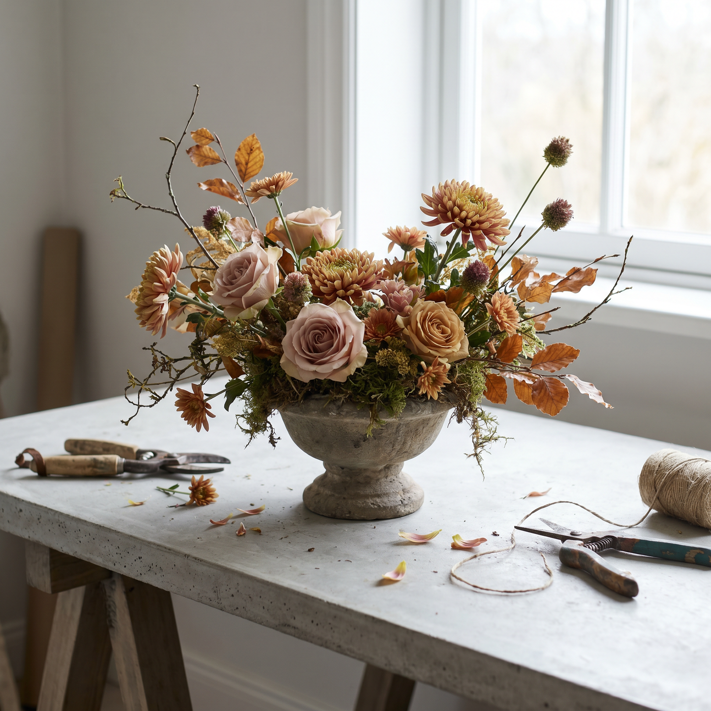 Composition pour tombe, fleurs de saison dans une vasque en pierre