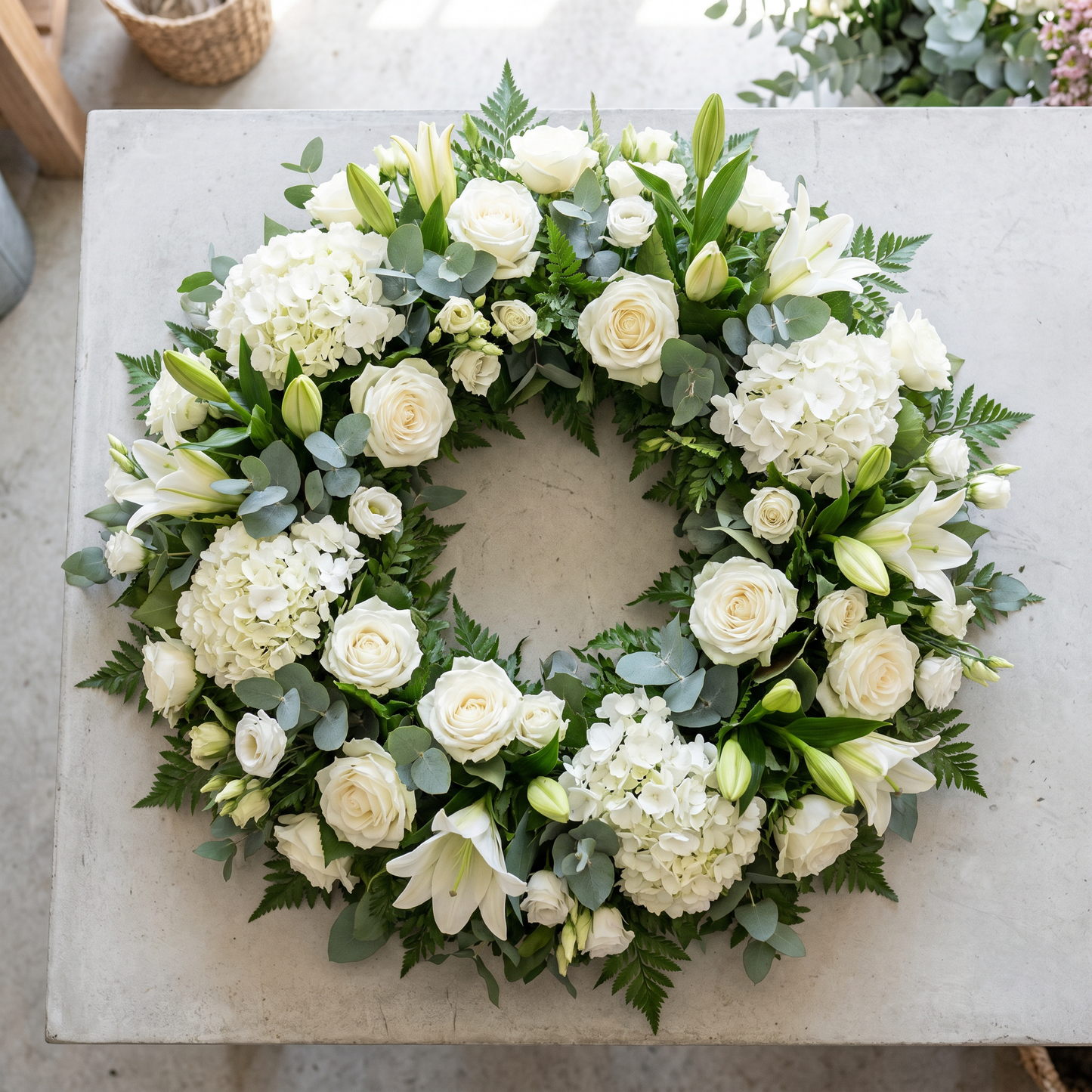 Couronne de deuil en cercle, roses et fleurs blanches avec feuillage