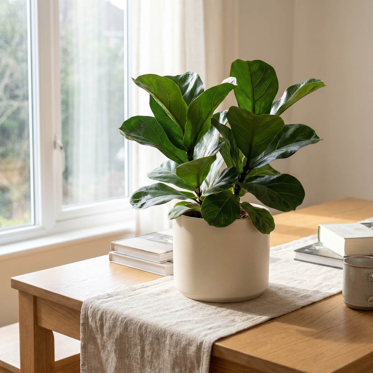 Plante Ficus Lyrata au grand feuillage en violon dans un pot en céramique crème
