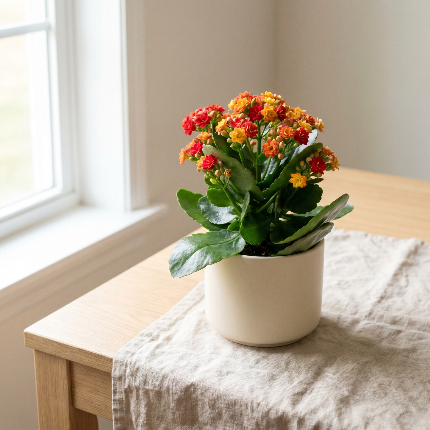 Plante Kalanchoé aux grappes de fleurs colorées dans un pot en céramique crème