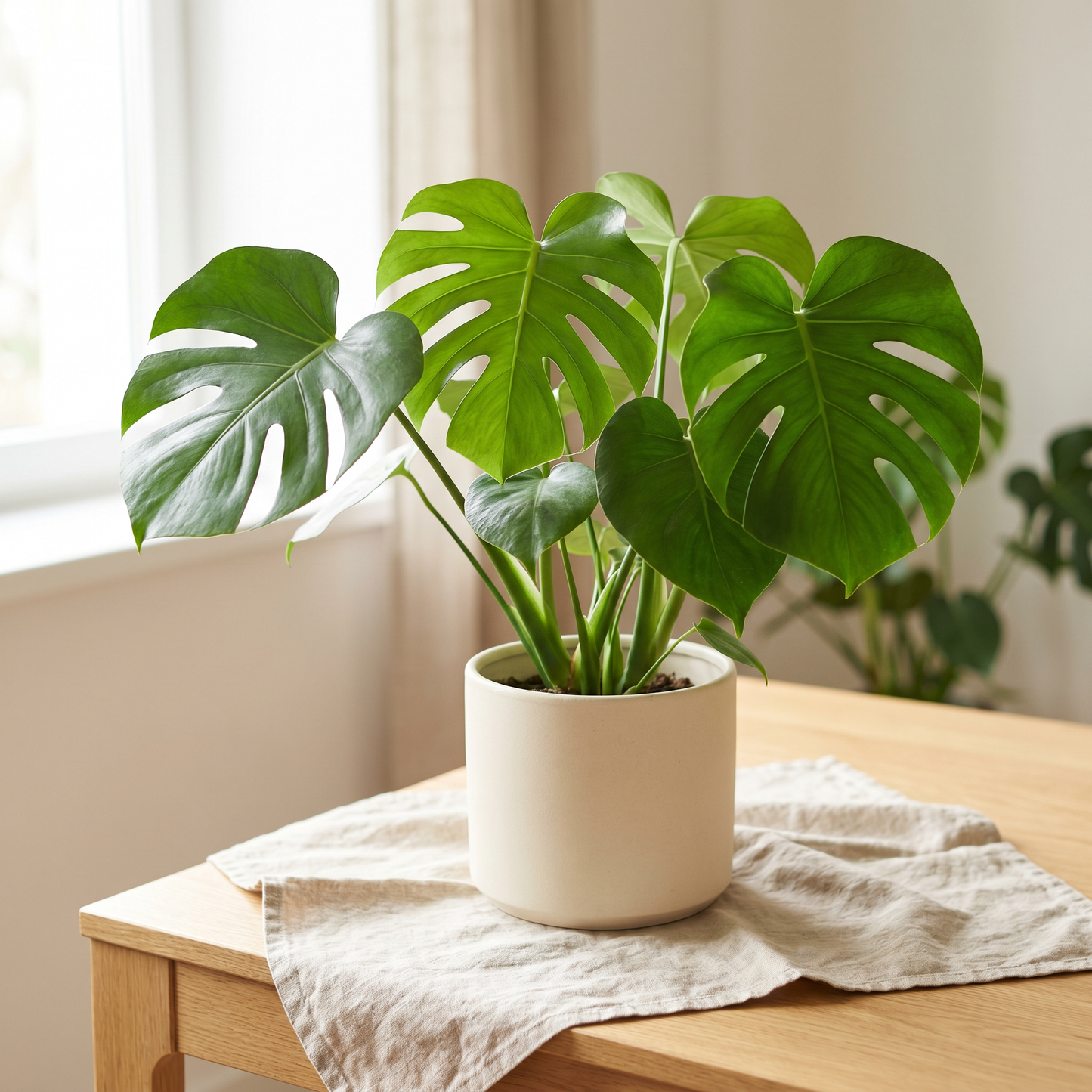 Plante Monstera Deliciosa au feuillage découpé dans un pot en céramique crème