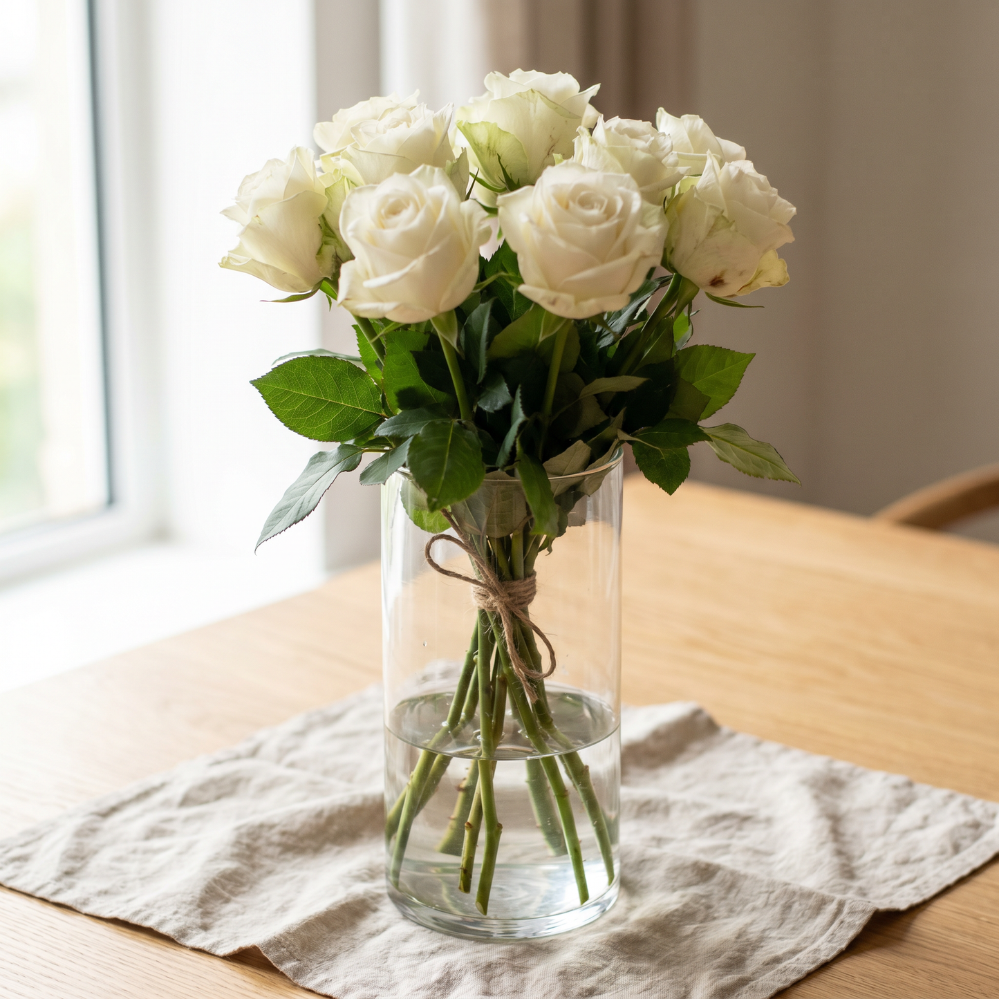 Bouquet de roses blanches avec feuillage vert dans un vase en verre