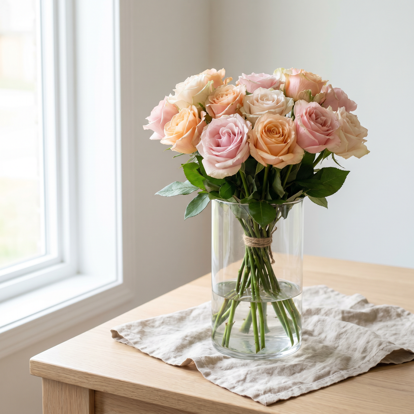 Bouquet de roses pastel rose, pêche et crème dans un vase en verre