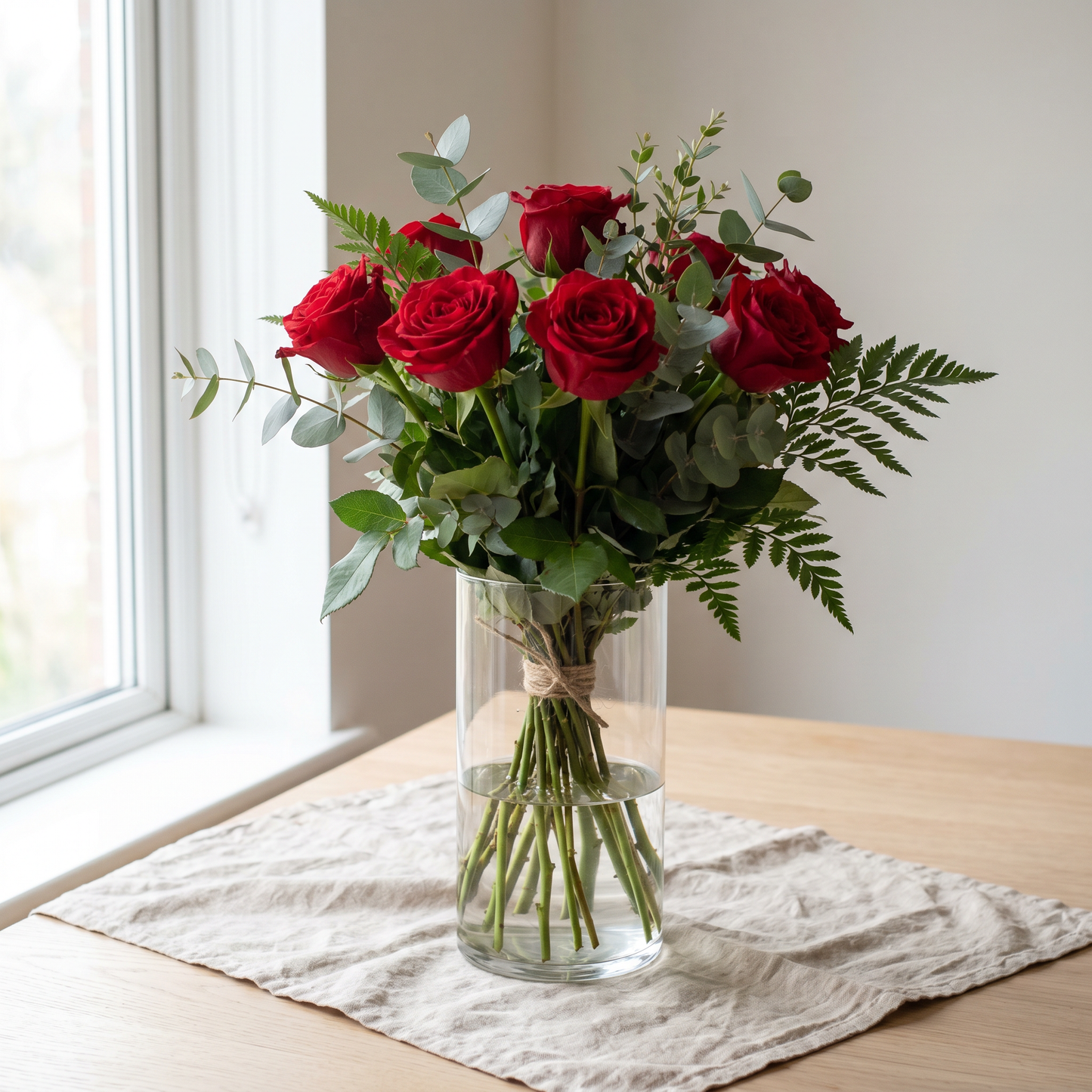 Bouquet de roses rouges fraîches avec feuillage dans un vase en verre