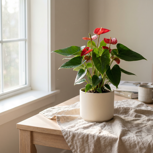 Plante Anthurium aux fleurs rouges cireuses et feuilles brillantes dans un pot crème