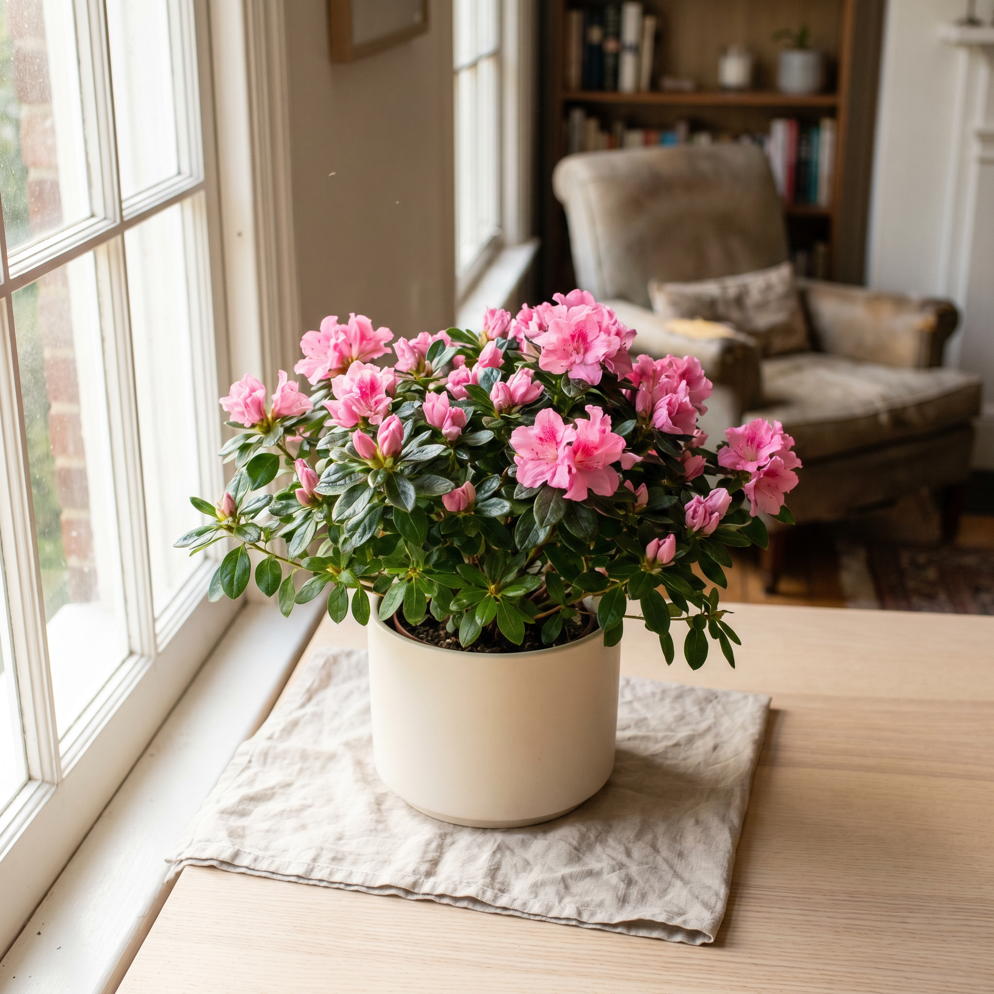 Plante Azalée à la floraison rose abondante dans un pot en céramique crème