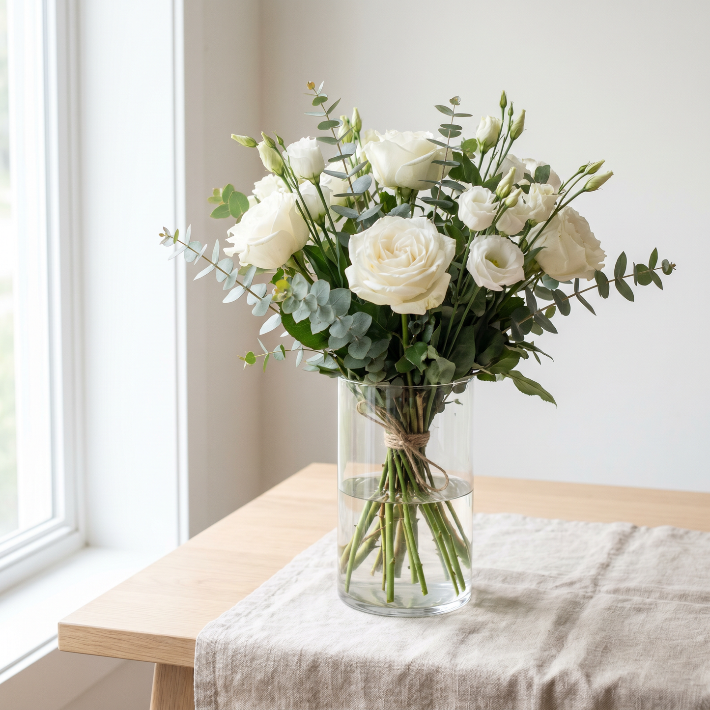 Bouquet Blanc Immaculé, roses blanches et lisianthus avec eucalyptus dans un vase en verre