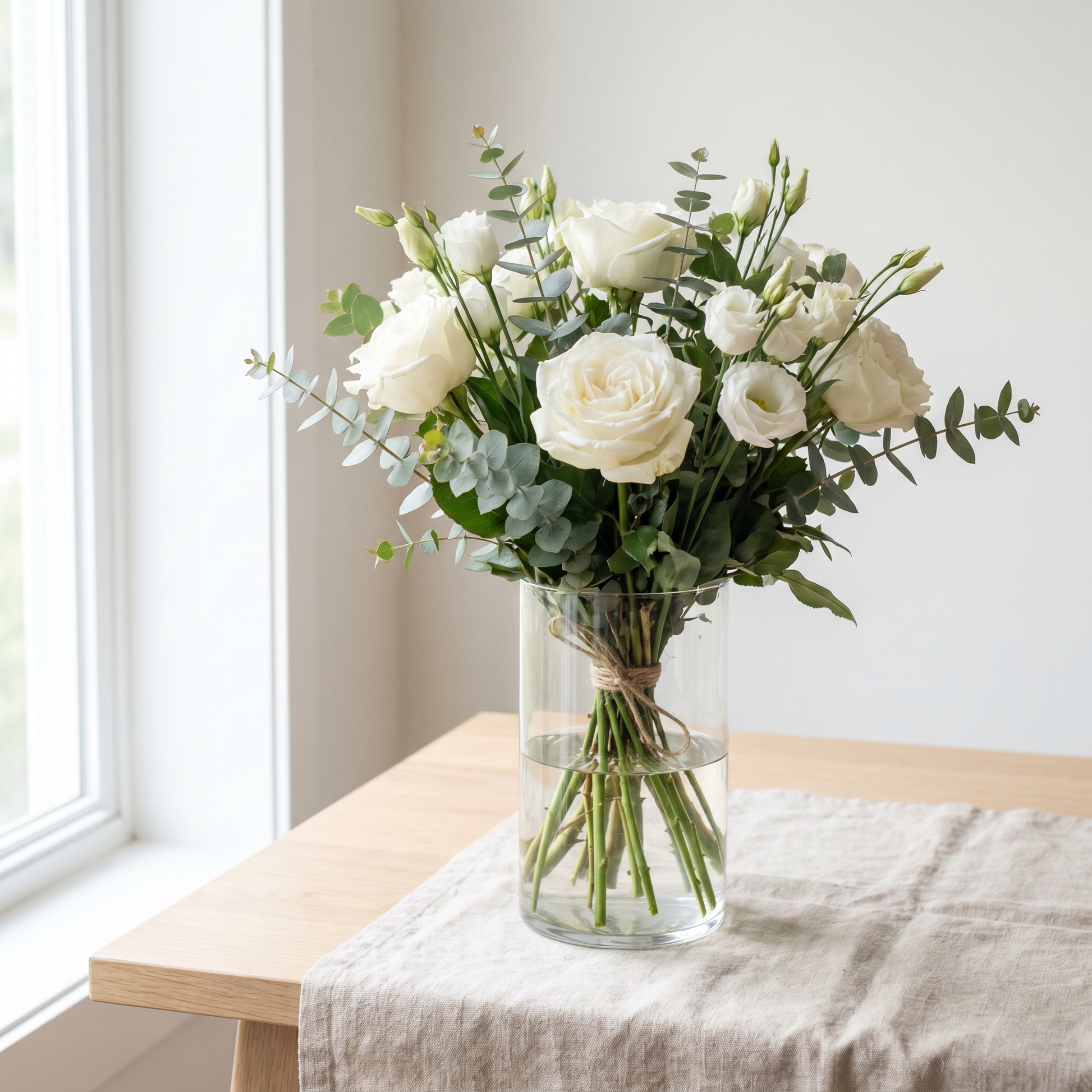 Bouquet Blanc Immaculé, roses blanches et lisianthus avec eucalyptus dans un vase en verre