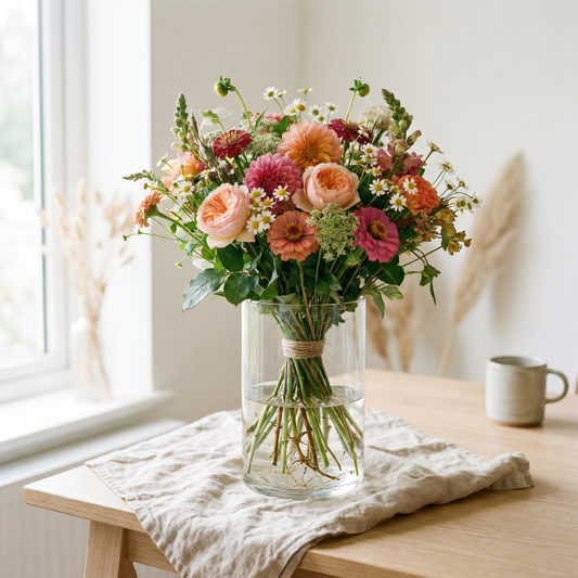 Bouquet du fleuriste, composition surprise de fleurs de saison variées dans un vase en verre