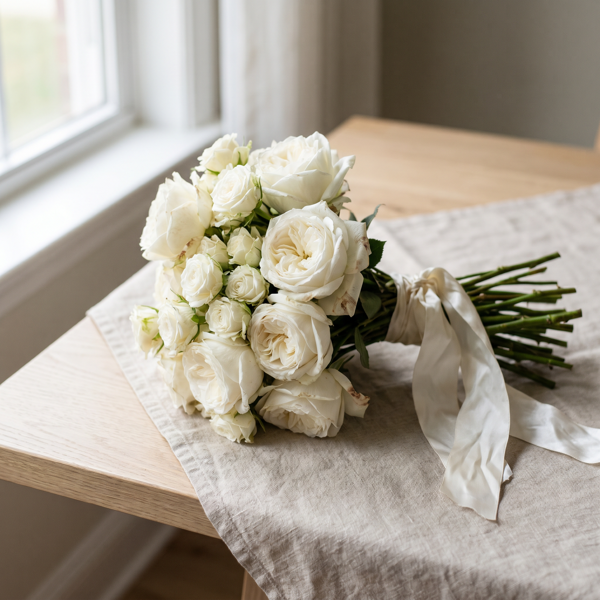 Bouquet de mariée rond en roses blanches avec ruban satin
