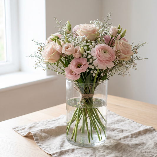 Bouquet de naissance fille, roses et lisianthus rose pâle dans un vase en verre