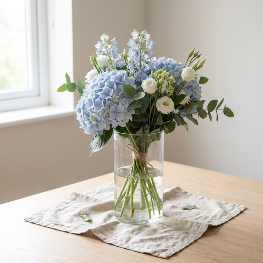 Bouquet de naissance garçon, hortensia et delphinium bleus dans un vase en verre