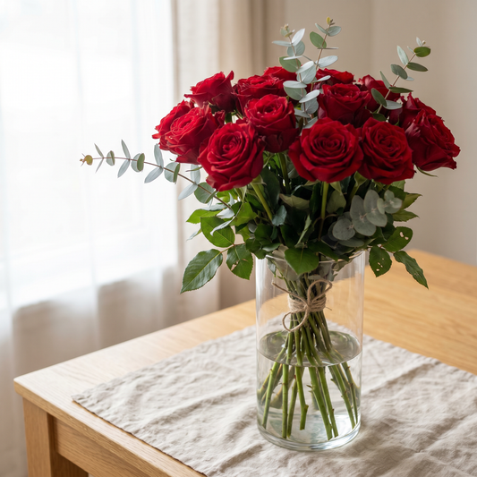 Bouquet Saint-Valentin de roses rouges dans un vase en verre