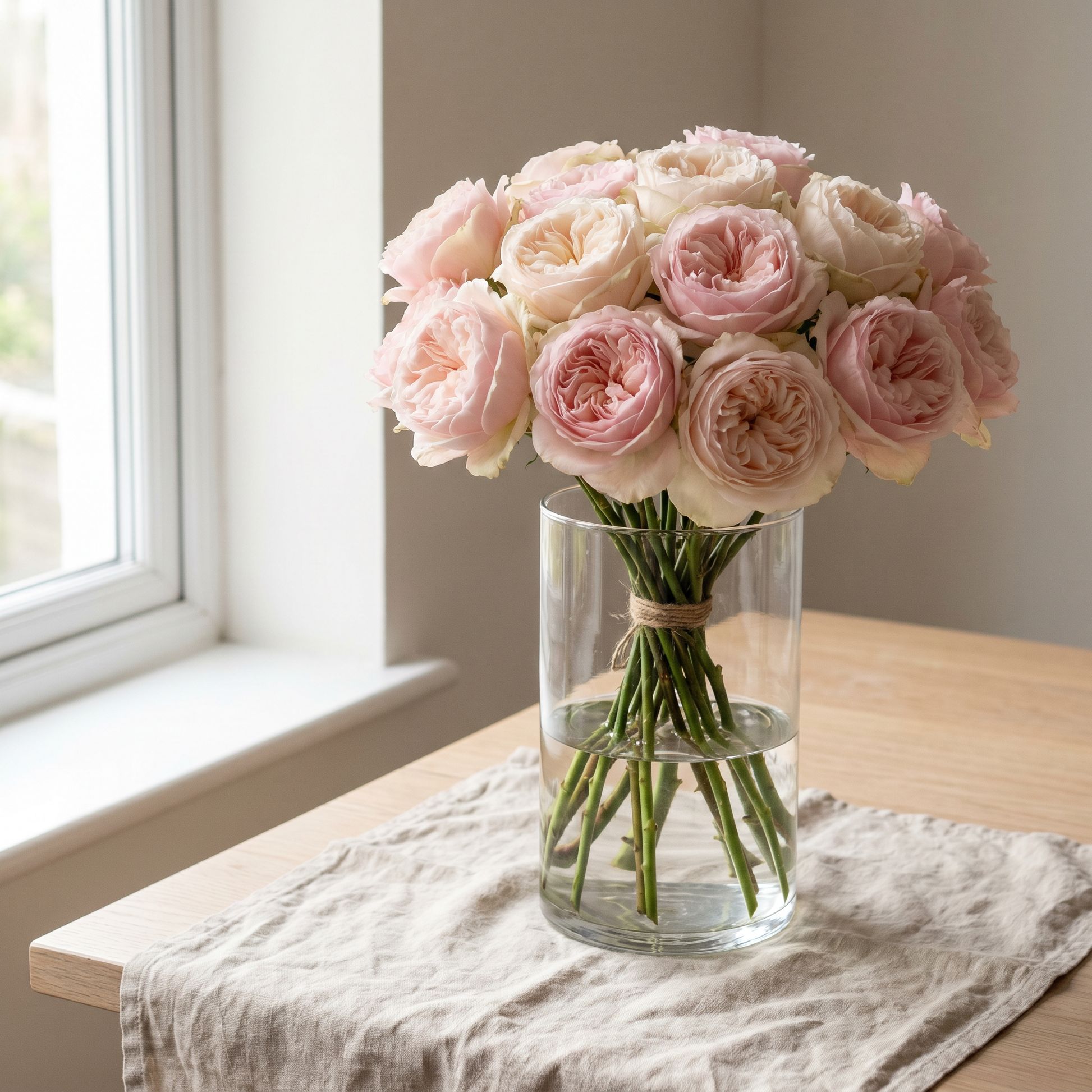 Brassée généreuse de roses rose pâle dans un vase en verre