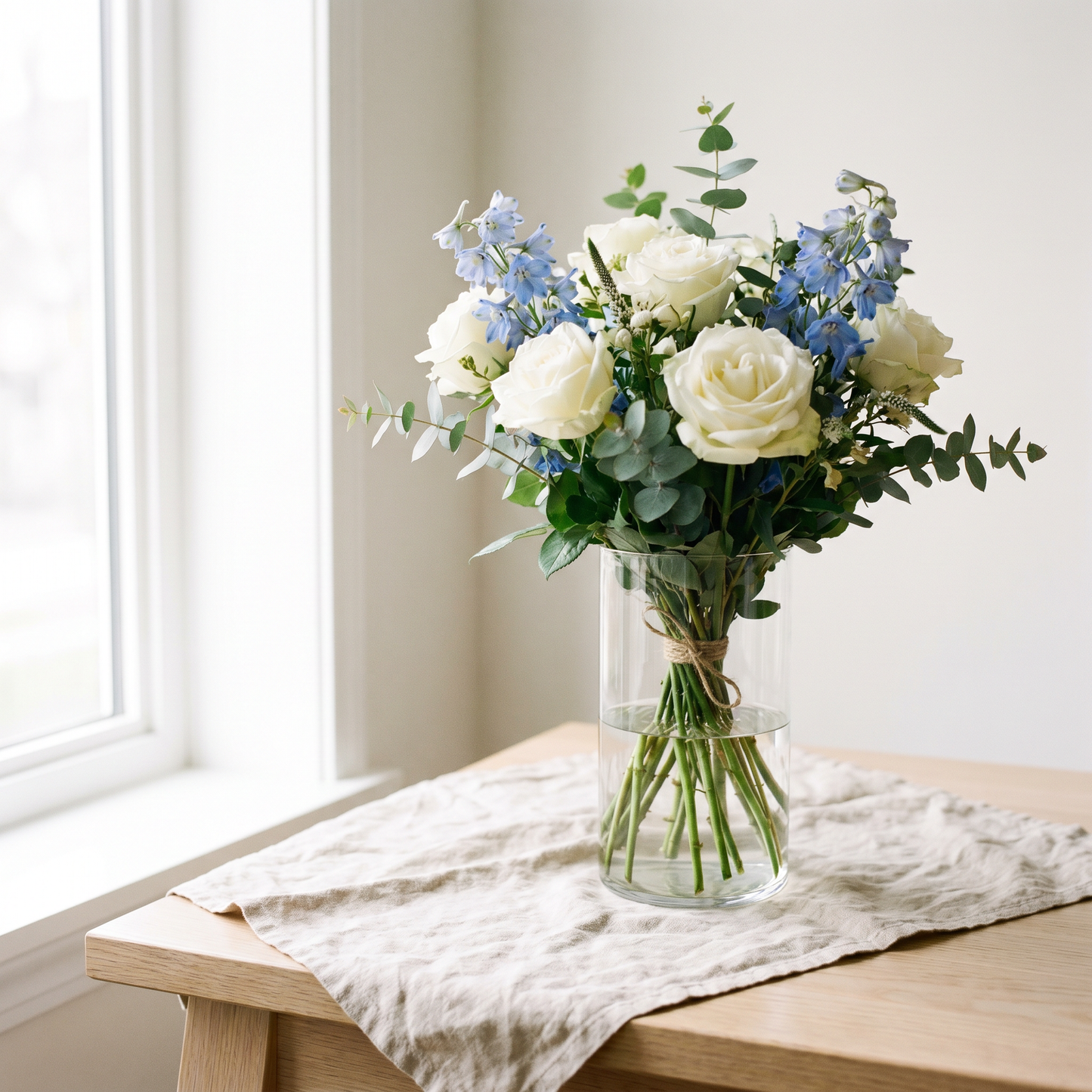 Bouquet de fleurs Brise Marine, roses blanches et delphinium bleu avec eucalyptus dans un vase en verre