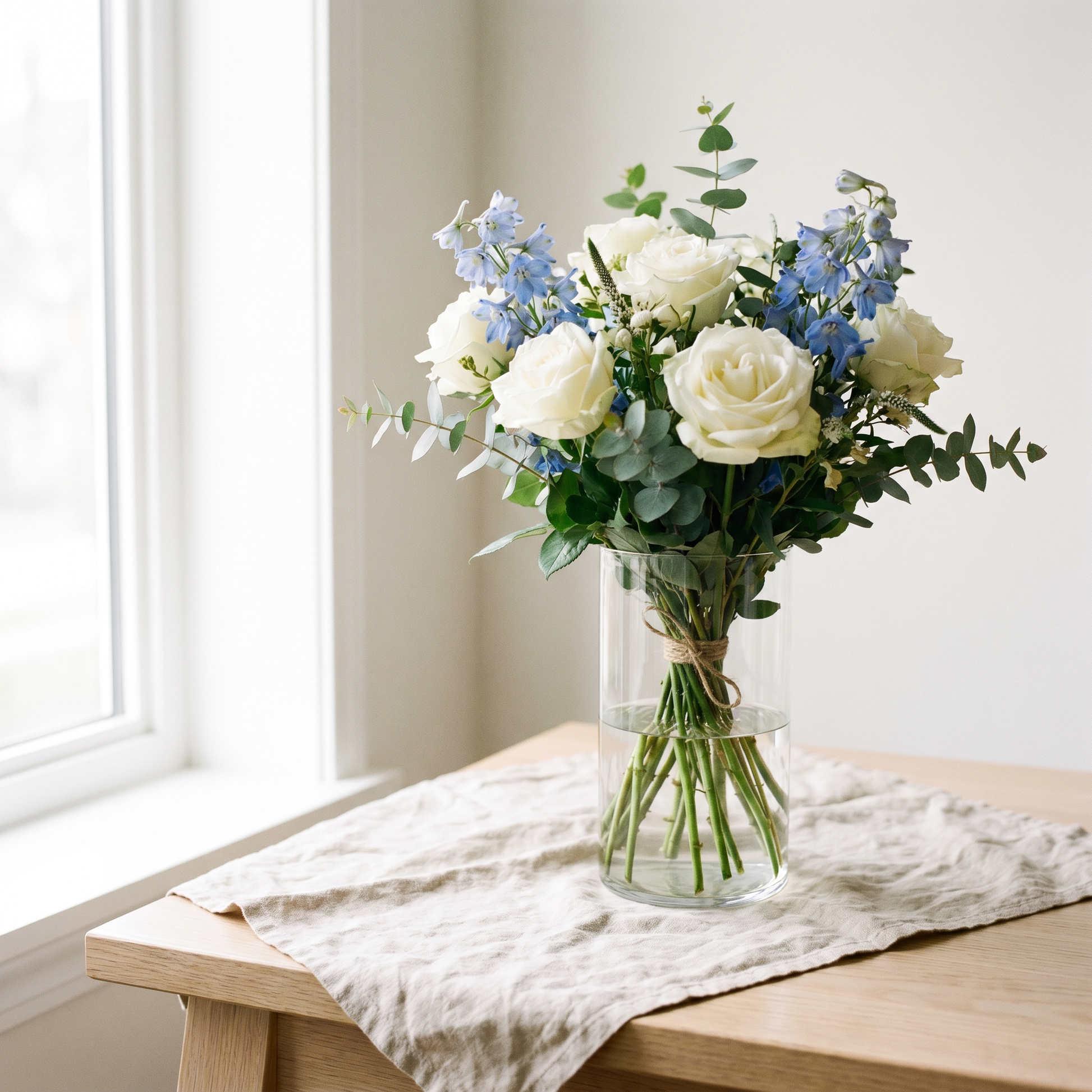 Bouquet de fleurs Brise Marine, roses blanches et delphinium bleu avec eucalyptus dans un vase en verre