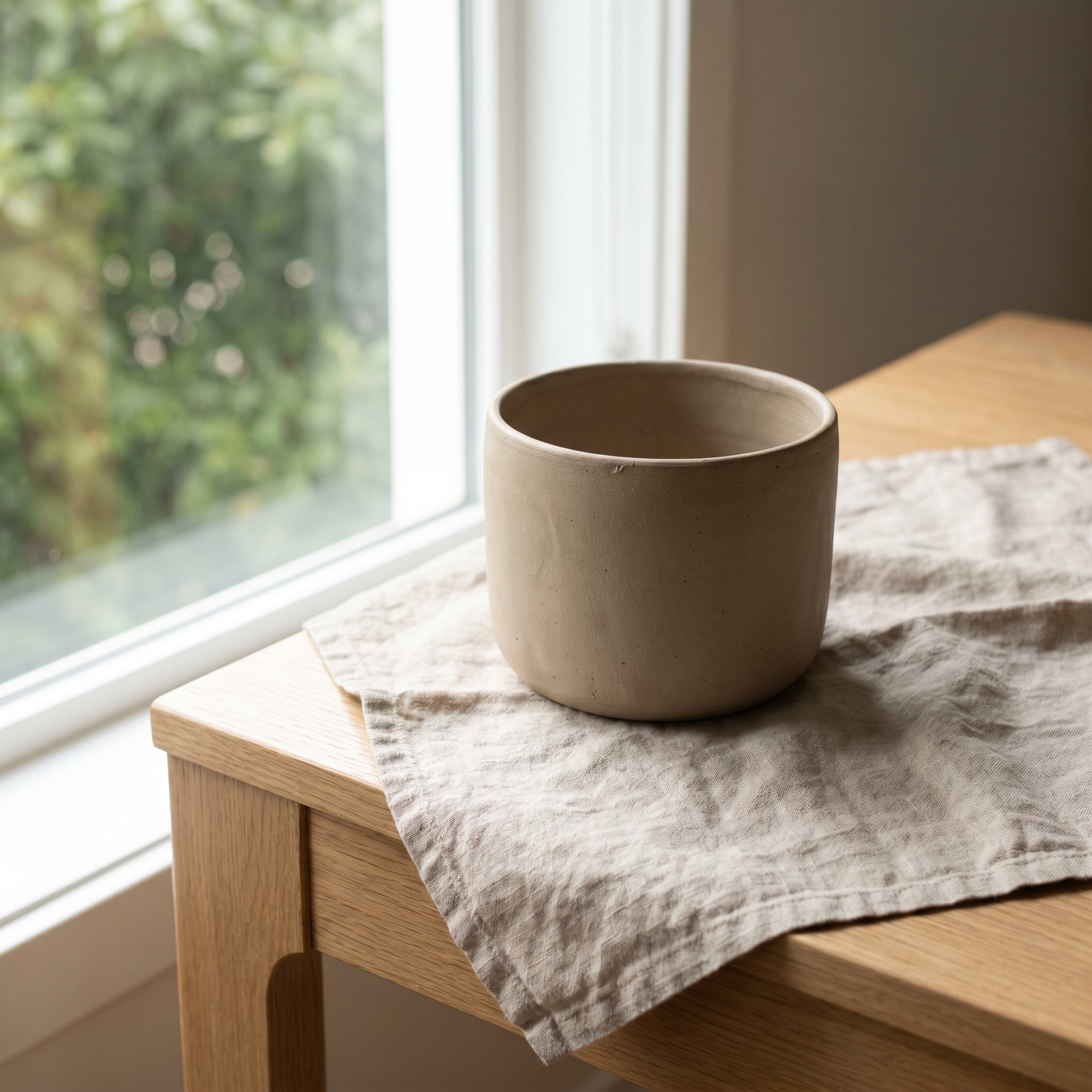 Cache-pot en céramique beige vide, posé sur une table