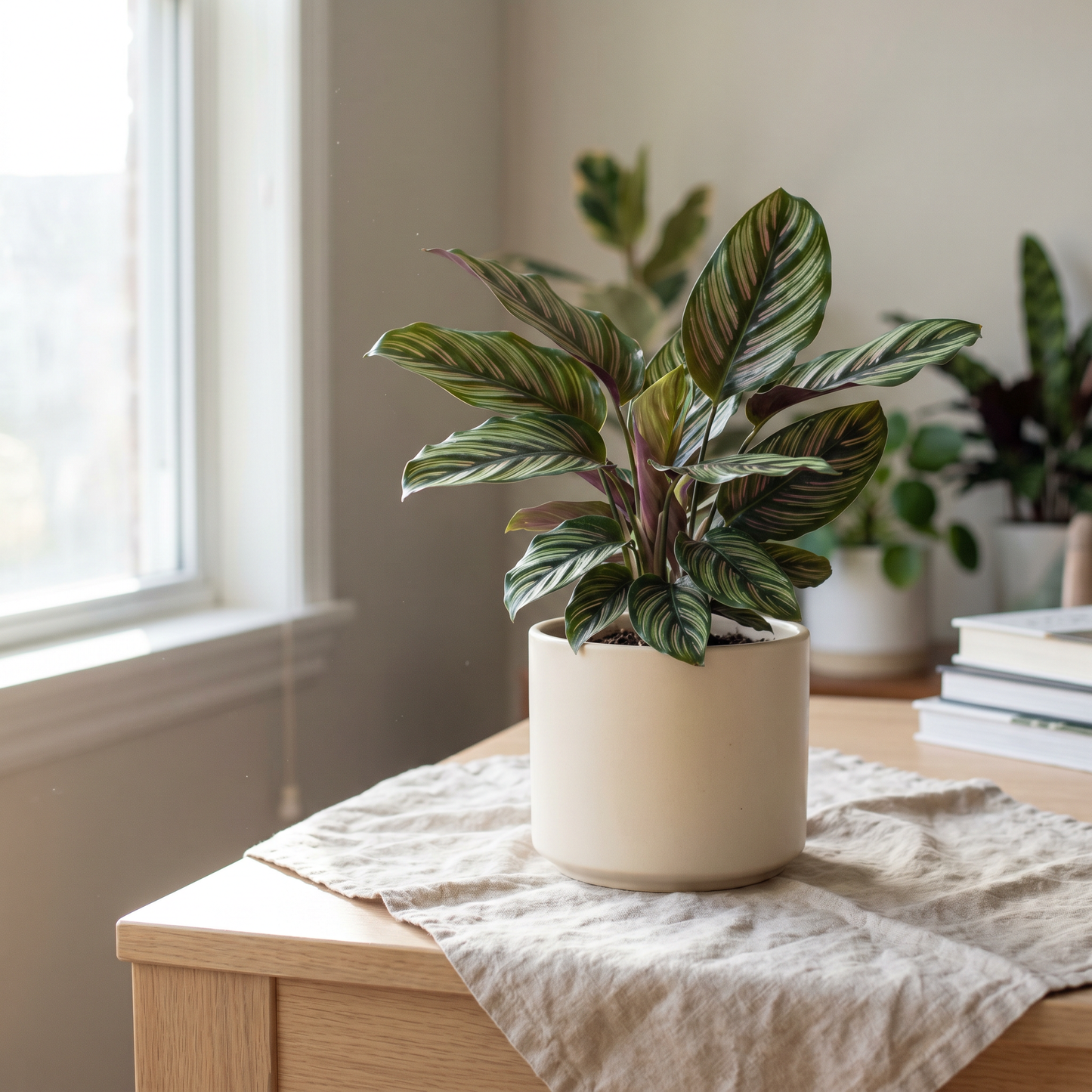 Plante Calathea au feuillage rayé décoratif dans un pot en céramique crème