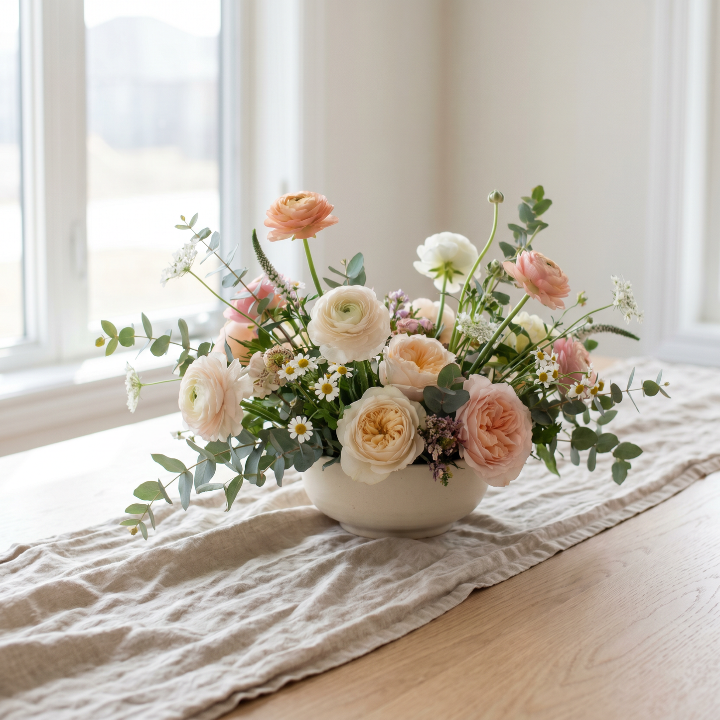 Centre de table floral bas, fleurs de saison dans une coupe en céramique
