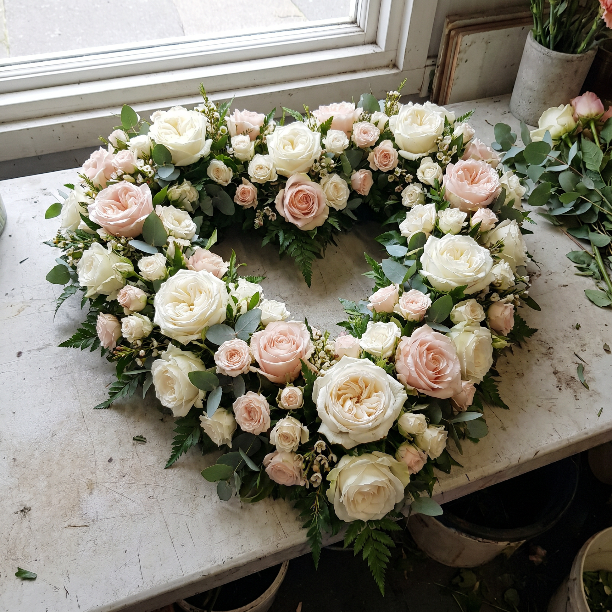 Cœur de deuil fleuri, roses blanches et rose pâle