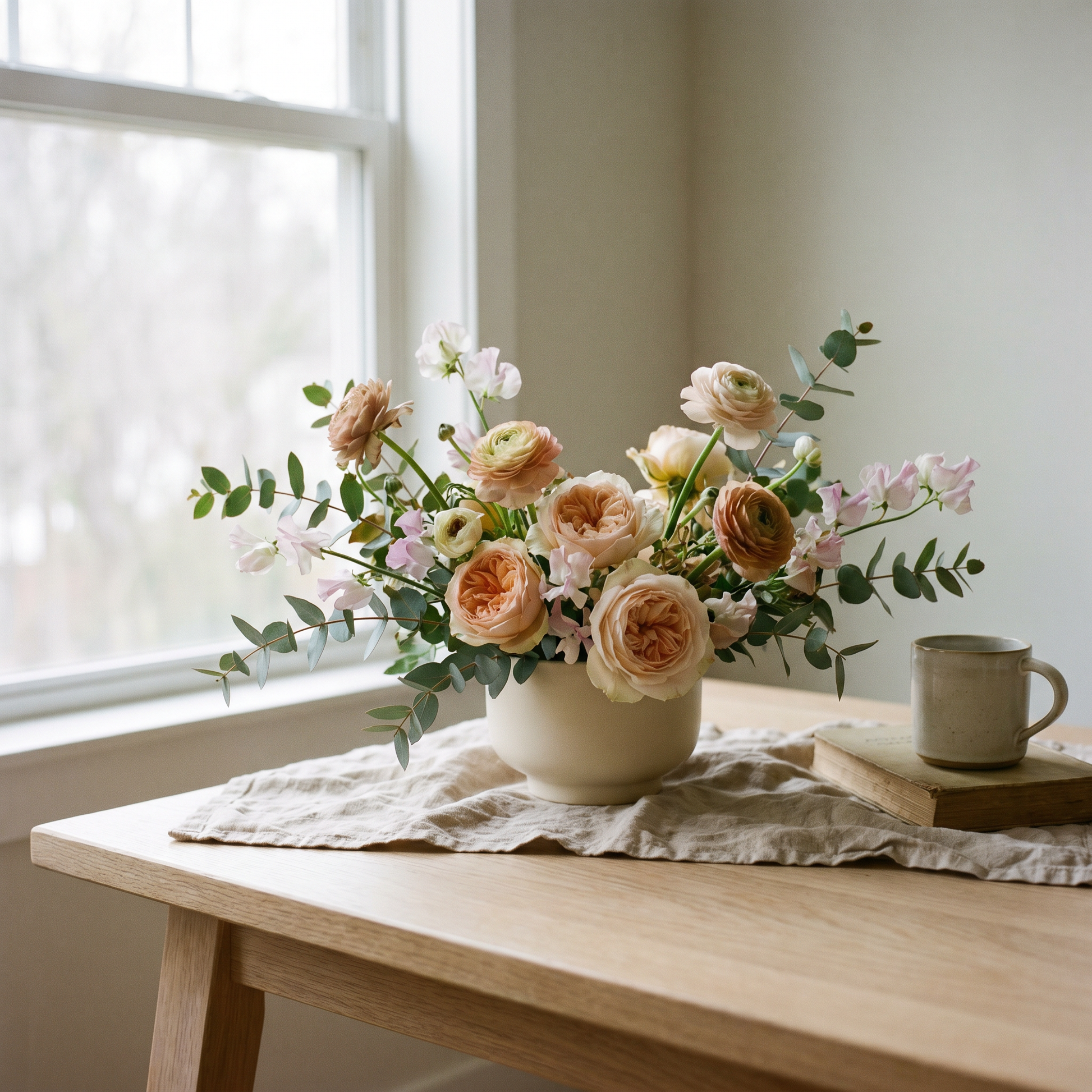 Composition florale Élégance, fleurs de saison mêlées dans une coupe en céramique
