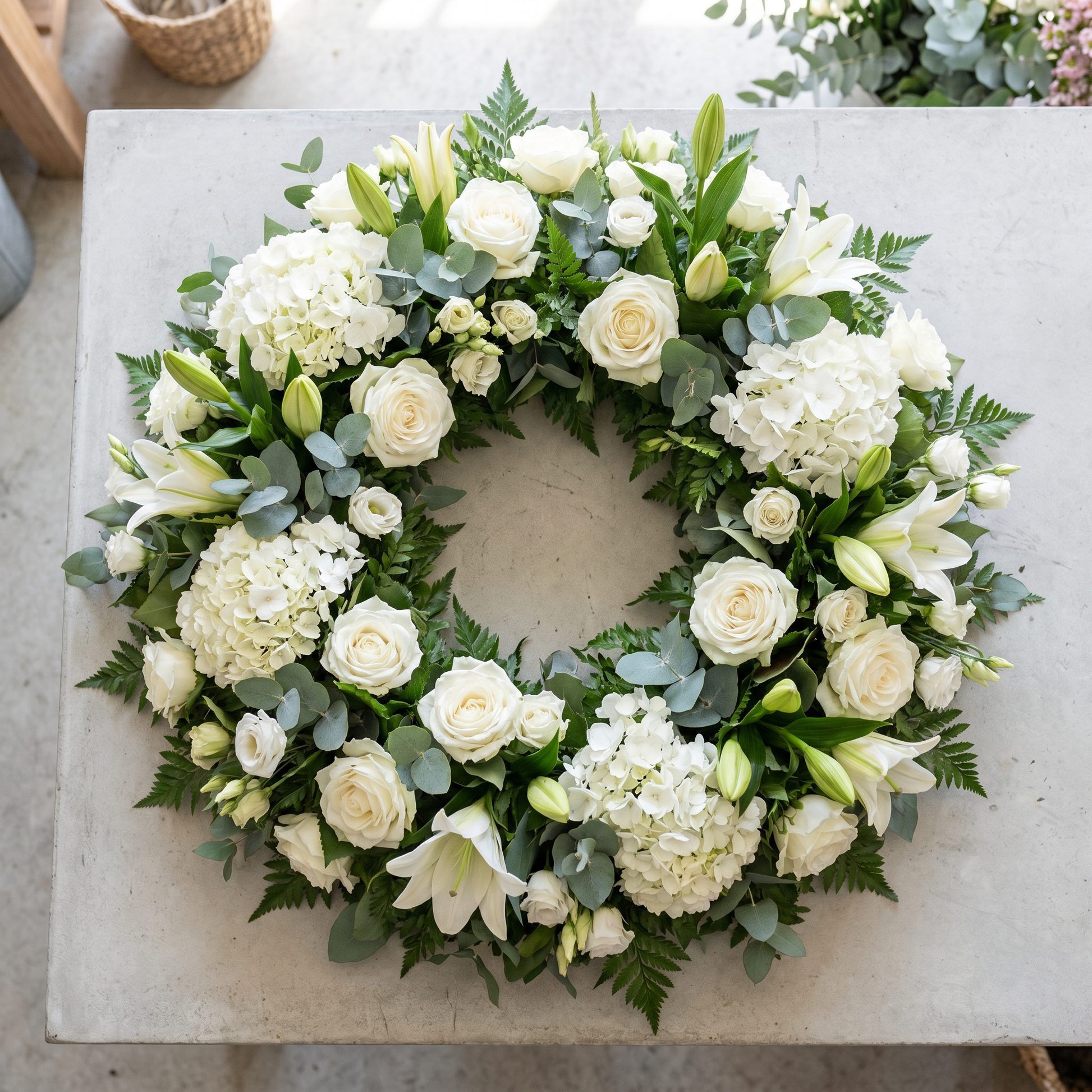 Couronne de deuil en cercle, roses et fleurs blanches avec feuillage
