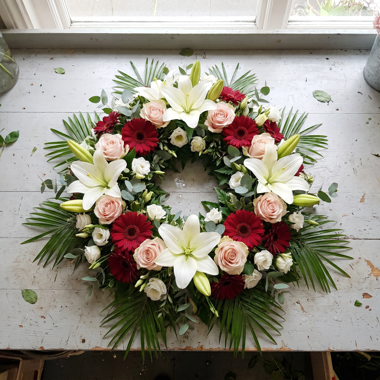 Coussin de deuil rond entièrement fleuri de fleurs de saison