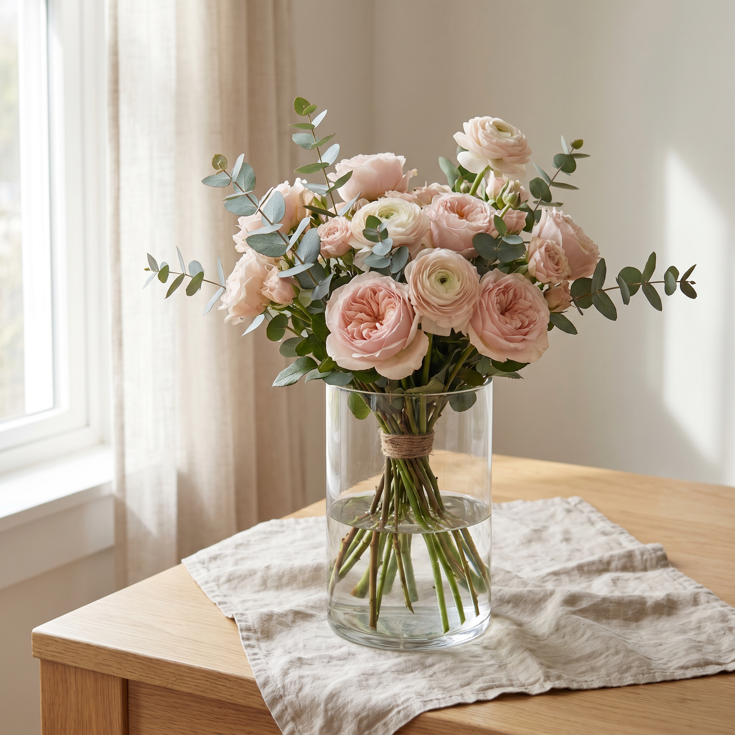 Bouquet Douceur Poudrée, roses et renoncules rose pâle et crème dans un vase en verre