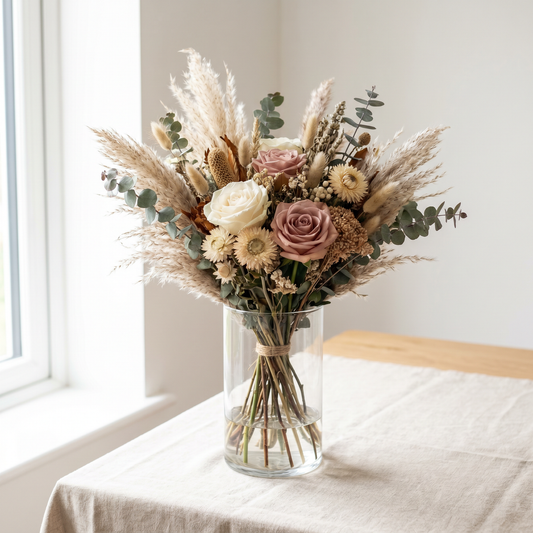 Bouquet Esprit Bohème, roses mauve poudré, pampa et eucalyptus dans un vase en verre