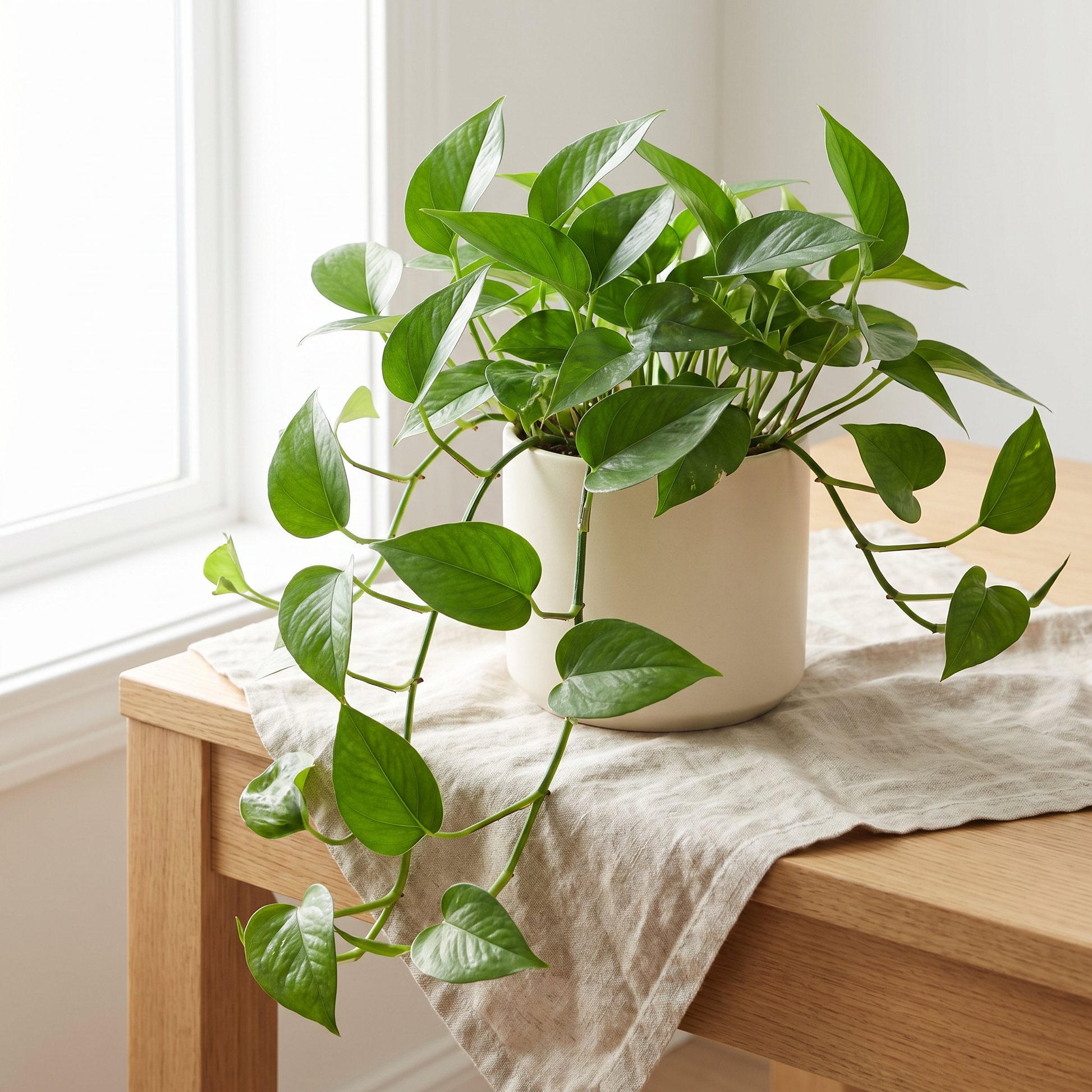 Plante Pothos retombante aux feuilles en cœur dans un pot en céramique crème
