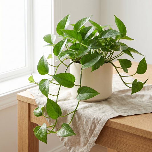 Plante Pothos retombante aux feuilles en cœur dans un pot en céramique crème