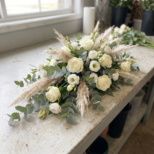 Raquette de deuil allongée, roses blanches et pampa avec eucalyptus