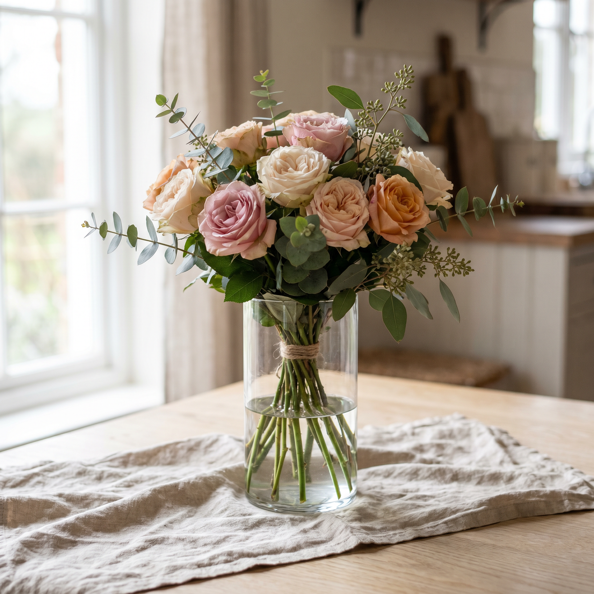 Bouquet de roses et eucalyptus frais dans un vase en verre