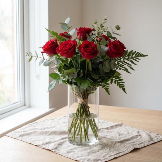 Bouquet de roses rouges fraîches avec feuillage dans un vase en verre