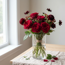 Bouquet Rouge Passion, roses rouges et dahlias dans un vase en verre