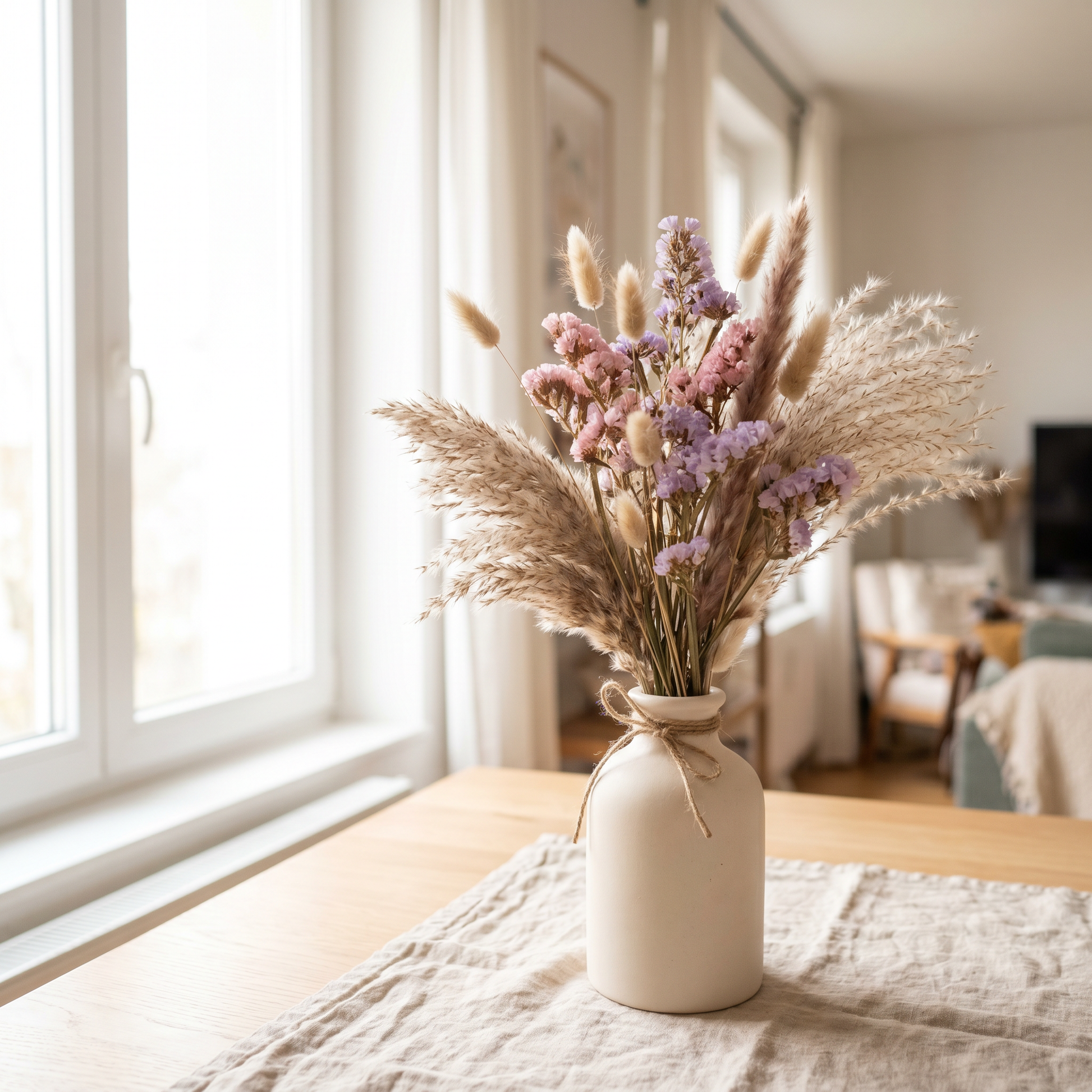 Bouquet de fleurs séchées pastel rose et lavande dans un vase en céramique