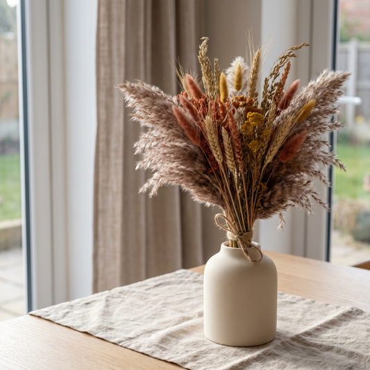 Bouquet de fleurs séchées tons terracotta et moutarde, pampa et blé, dans un vase en céramique