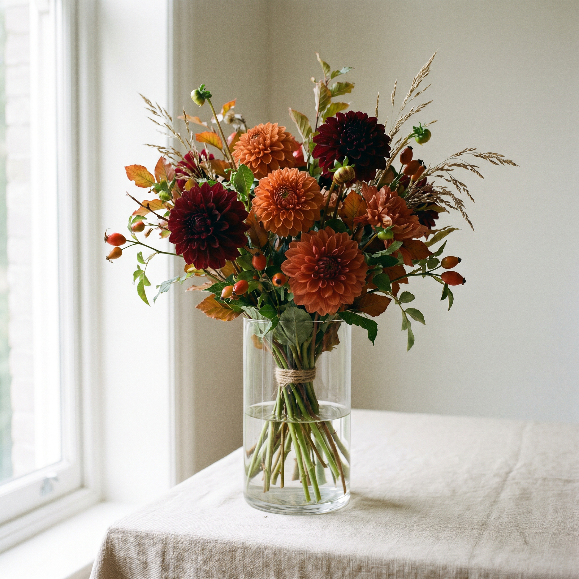 Bouquet Symphonie Automnale, dahlias orange et bordeaux avec feuillages d'automne dans un vase en verre