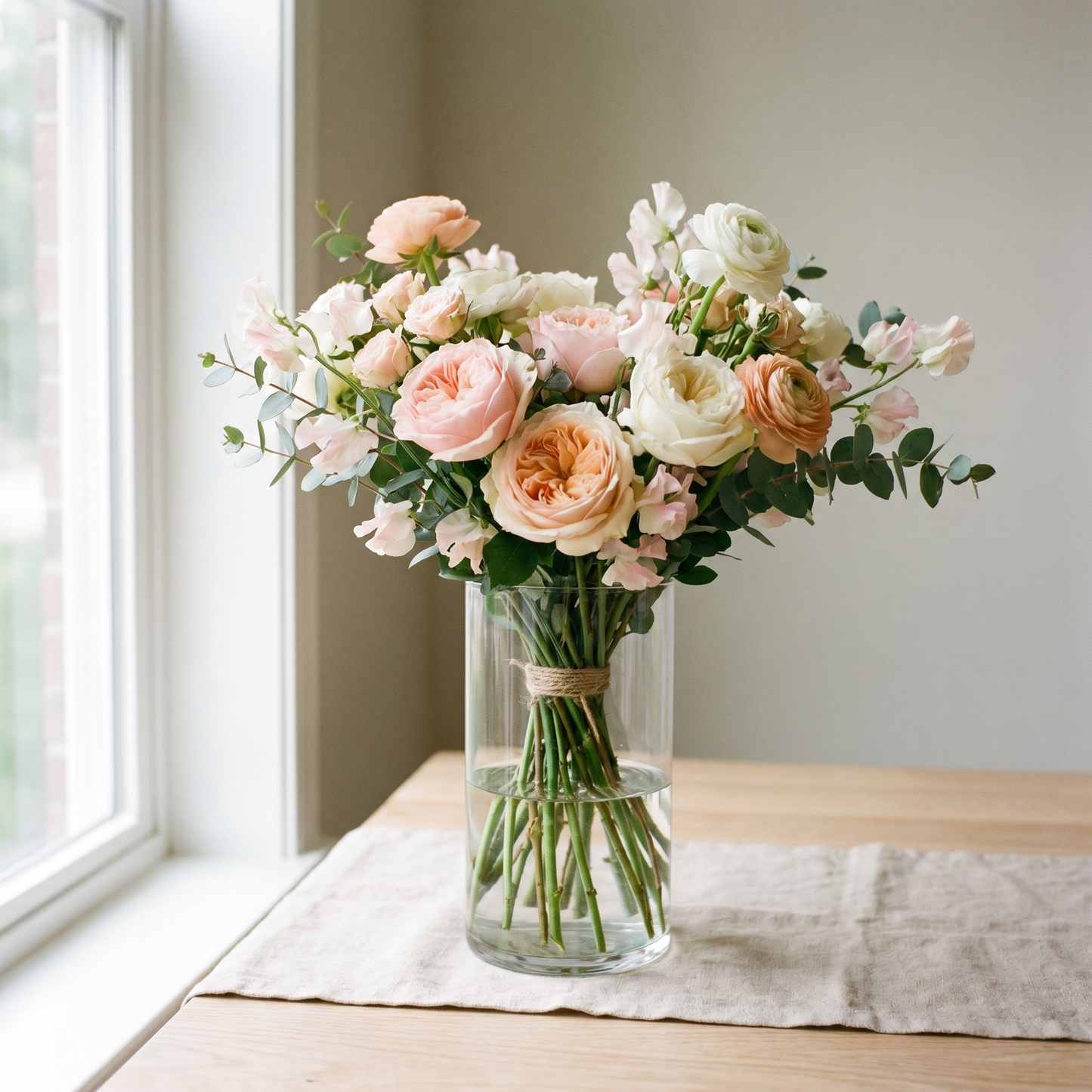 Bouquet Tendre Aurore, roses et renoncules rose pâle et pêche avec pois de senteur dans un vase en verre