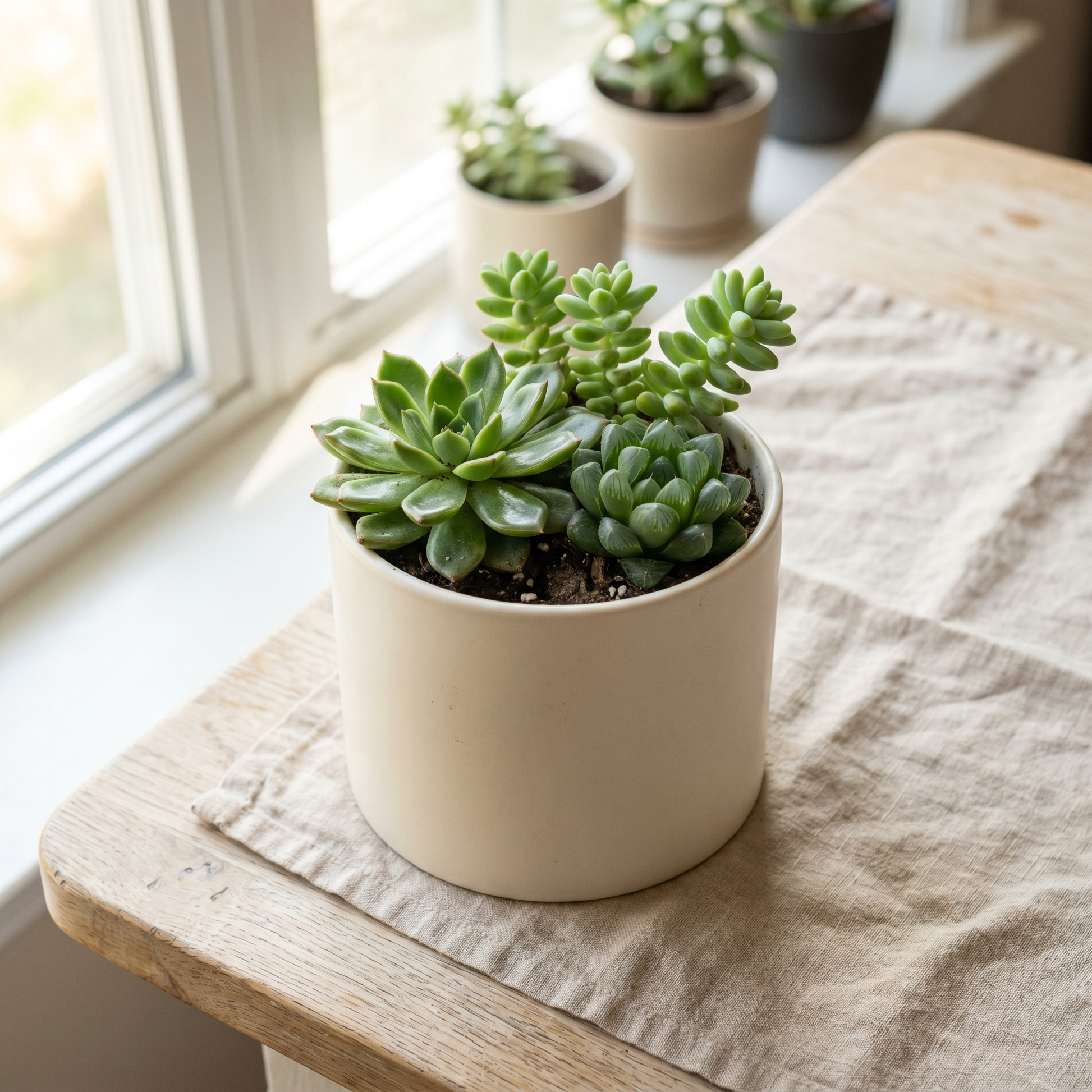 Trio de petites plantes succulentes variées dans un pot en céramique crème
