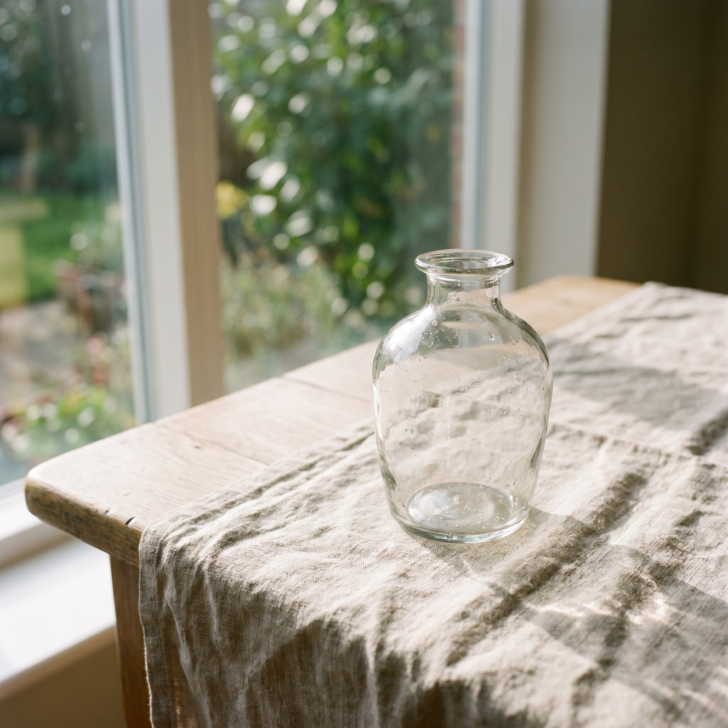 Vase en verre transparent vide, posé sur une table